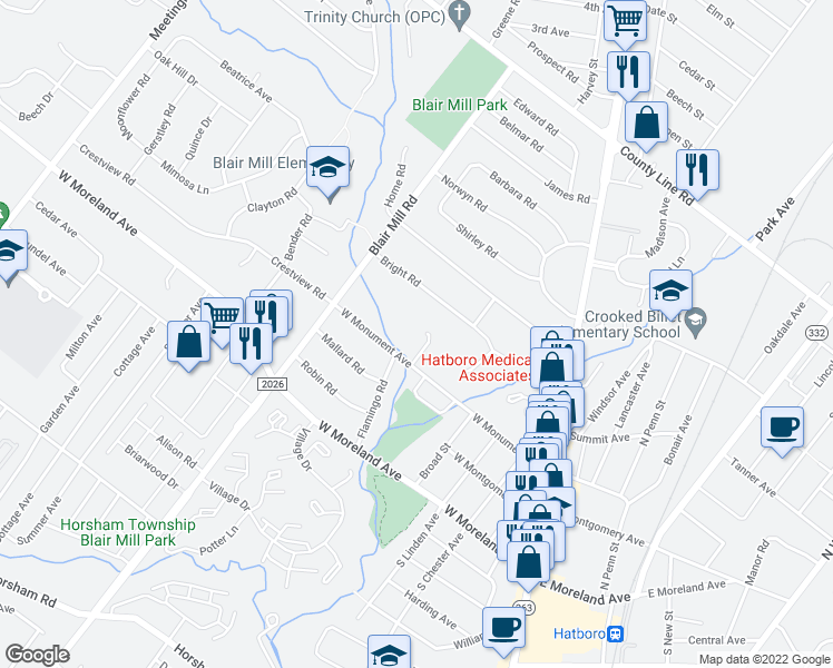 map of restaurants, bars, coffee shops, grocery stores, and more near 213 Pine Tree Lane in Hatboro