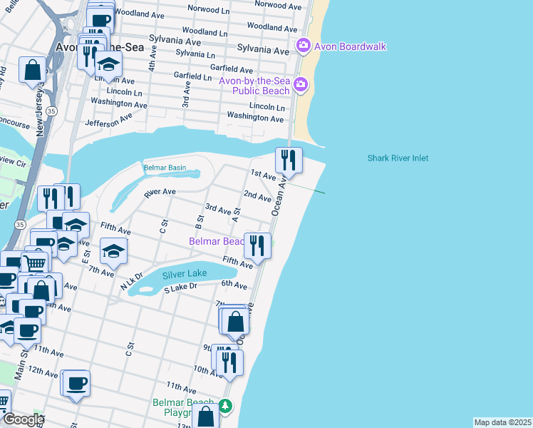 map of restaurants, bars, coffee shops, grocery stores, and more near 205 Ocean Avenue in Belmar