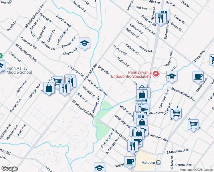 map of restaurants, bars, coffee shops, grocery stores, and more near 213 Pine Tree Lane in Hatboro