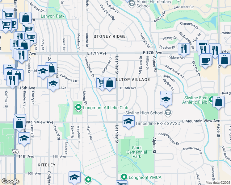 map of restaurants, bars, coffee shops, grocery stores, and more near 1501 Lashley Street in Longmont