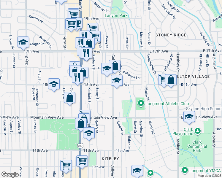 map of restaurants, bars, coffee shops, grocery stores, and more near 1502 Collyer Street in Longmont