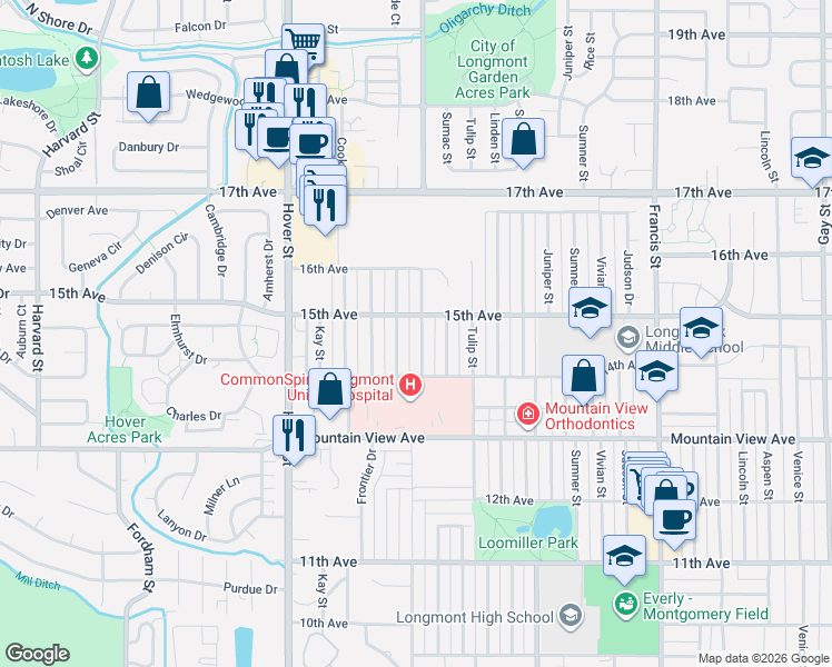 map of restaurants, bars, coffee shops, grocery stores, and more near 1503 Spencer Street in Longmont