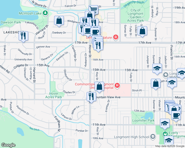 map of restaurants, bars, coffee shops, grocery stores, and more near 1446 Hover Street in Longmont