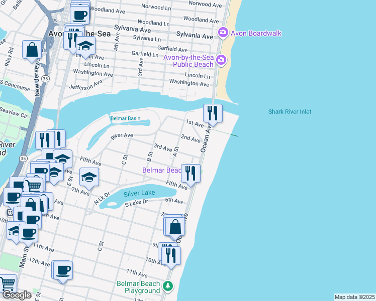 map of restaurants, bars, coffee shops, grocery stores, and more near 12 A Street in Belmar