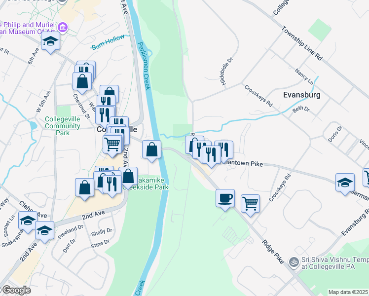map of restaurants, bars, coffee shops, grocery stores, and more near 113 River Road in Collegeville