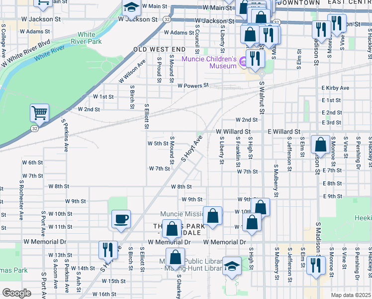 map of restaurants, bars, coffee shops, grocery stores, and more near 704 West 5th Street in Muncie