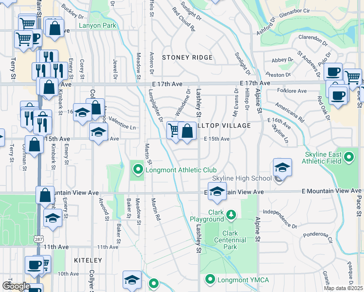 map of restaurants, bars, coffee shops, grocery stores, and more near 1500 Willodene Drive in Longmont
