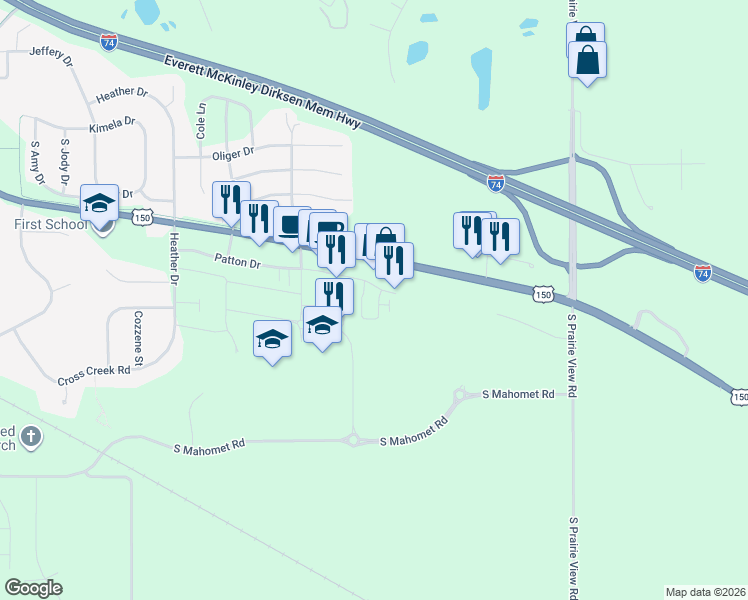 map of restaurants, bars, coffee shops, grocery stores, and more near 1549-1715 East Oak Street in Mahomet