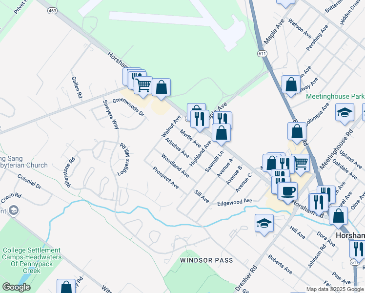 map of restaurants, bars, coffee shops, grocery stores, and more near 500 Arbutus Avenue in Horsham