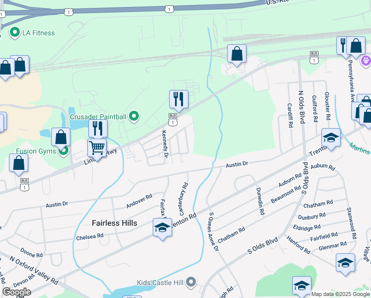 map of restaurants, bars, coffee shops, grocery stores, and more near 303 Wilson Drive in Fairless Hills