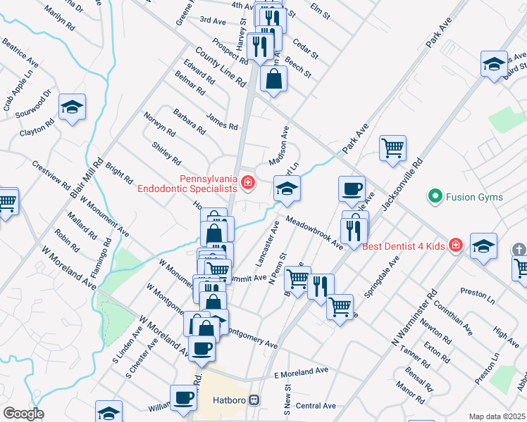 map of restaurants, bars, coffee shops, grocery stores, and more near 4 Hatters Court in Hatboro