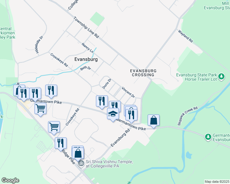 map of restaurants, bars, coffee shops, grocery stores, and more near 3007 Lillian Lane in Collegeville
