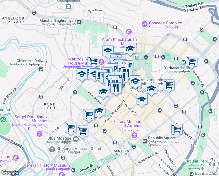 map of restaurants, bars, coffee shops, grocery stores, and more near 52 Pushkin Street in Yerevan