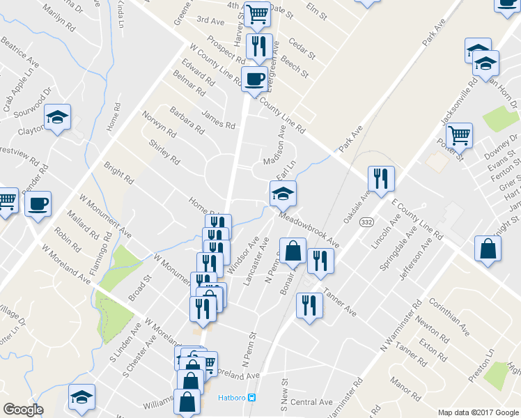 map of restaurants, bars, coffee shops, grocery stores, and more near 4 Hatters Court in Hatboro