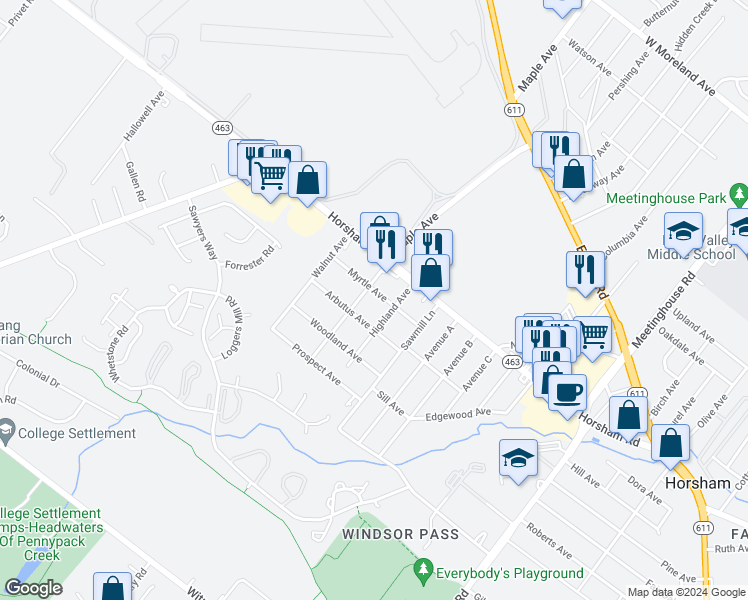 map of restaurants, bars, coffee shops, grocery stores, and more near 443 Myrtle Avenue in Horsham