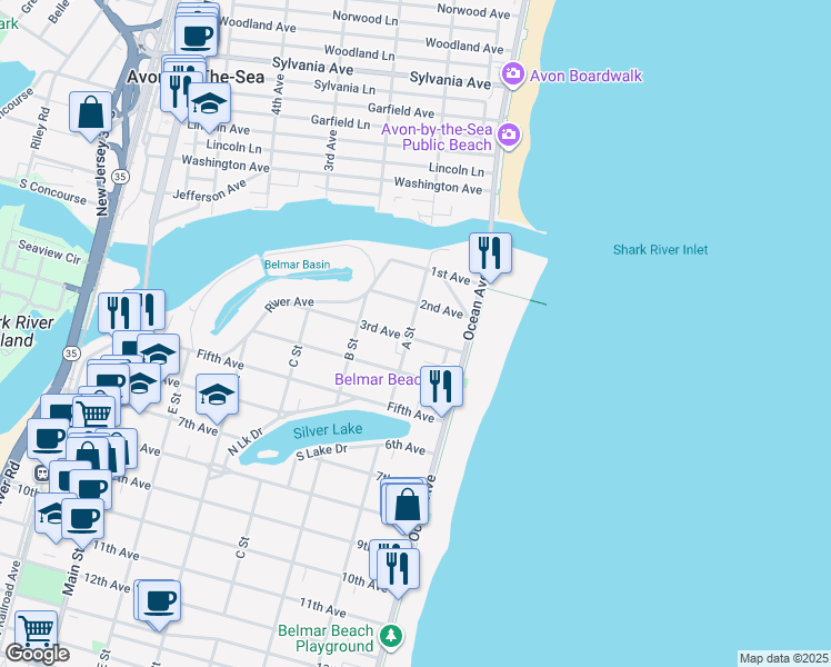 map of restaurants, bars, coffee shops, grocery stores, and more near 12 A Street in Belmar