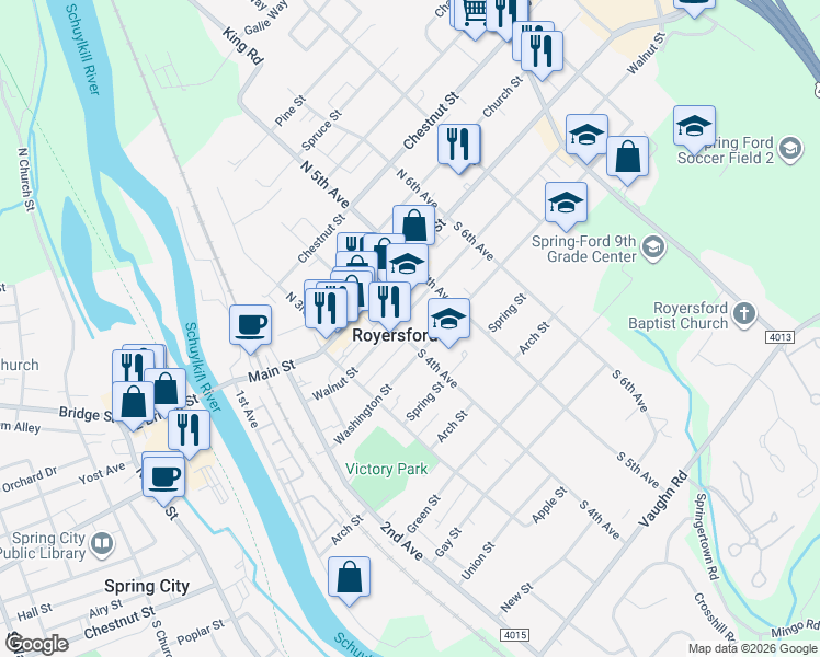 map of restaurants, bars, coffee shops, grocery stores, and more near 436 Walnut Street in Royersford