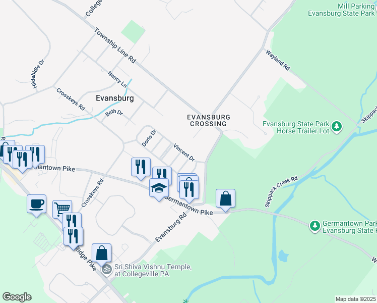 map of restaurants, bars, coffee shops, grocery stores, and more near 3807 Vincent Drive in Collegeville