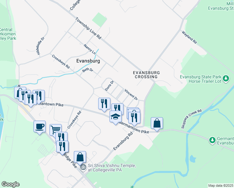 map of restaurants, bars, coffee shops, grocery stores, and more near 3007 Lillian Lane in Collegeville