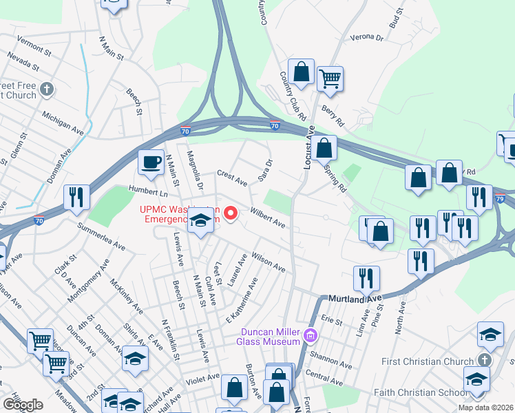 map of restaurants, bars, coffee shops, grocery stores, and more near 630 Larch Street in Washington