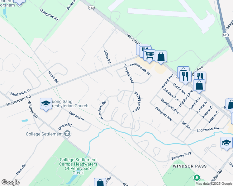map of restaurants, bars, coffee shops, grocery stores, and more near 96 Whetstone Road in Horsham