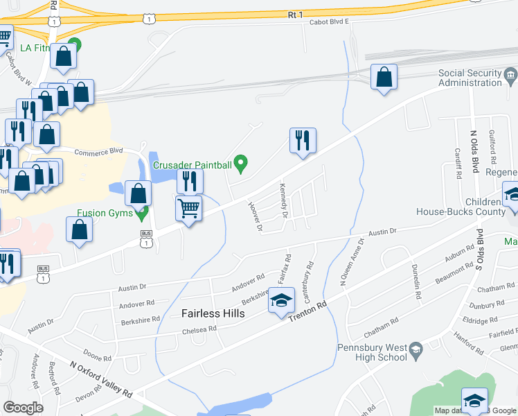 map of restaurants, bars, coffee shops, grocery stores, and more near 140 Truman Drive in Fairless Hills