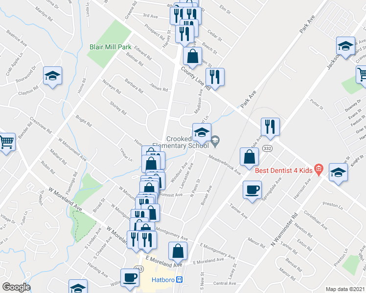 map of restaurants, bars, coffee shops, grocery stores, and more near 22 Hatters Court in Hatboro