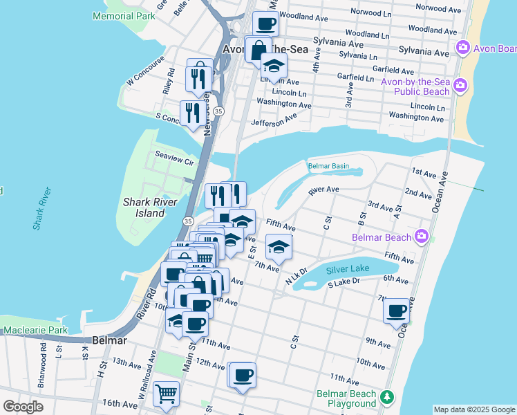 map of restaurants, bars, coffee shops, grocery stores, and more near 127 Terrace Road in Belmar