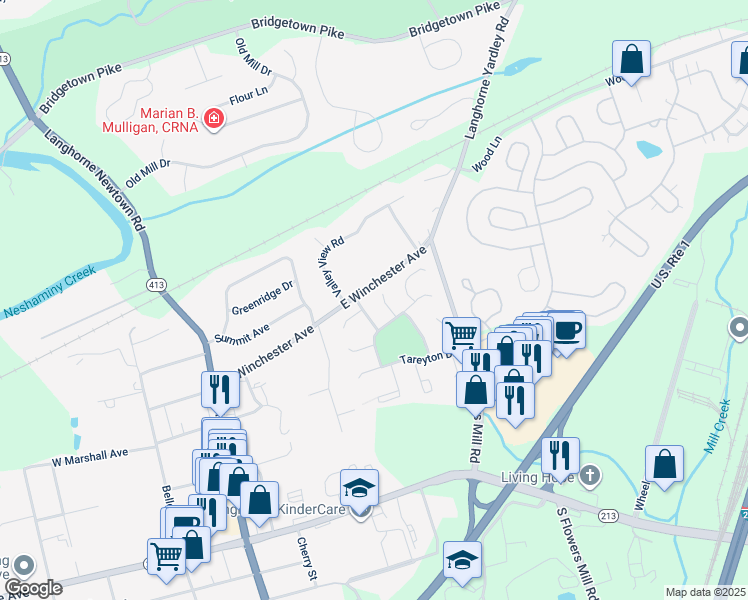 map of restaurants, bars, coffee shops, grocery stores, and more near 154 Lowell Court in Langhorne
