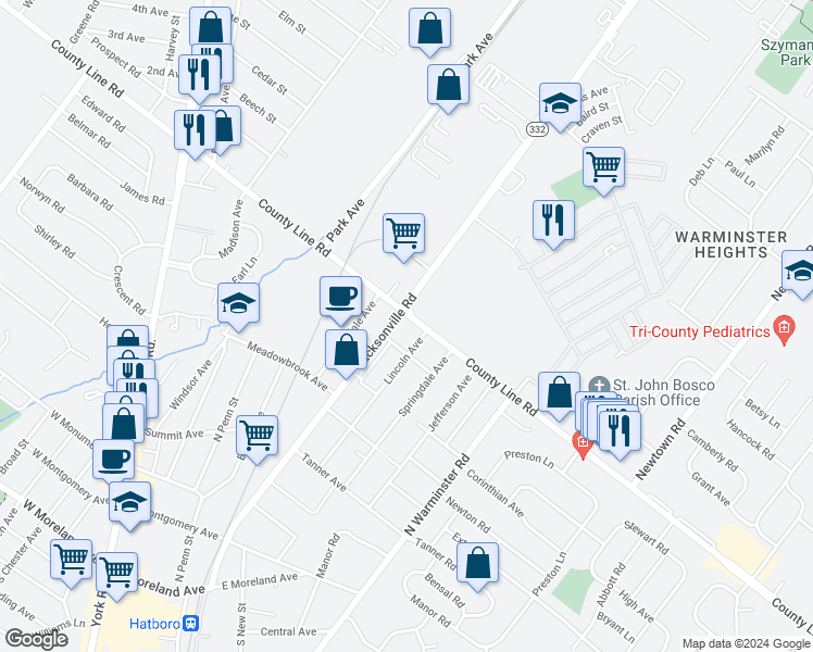 map of restaurants, bars, coffee shops, grocery stores, and more near 300 East County Line Road in Hatboro