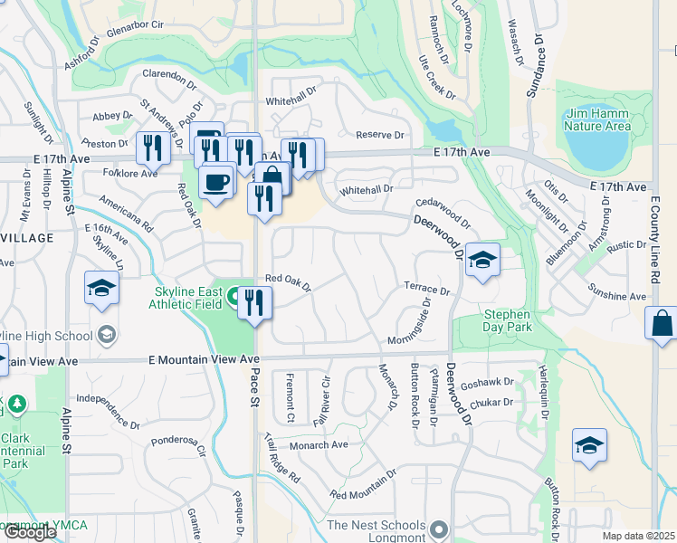 map of restaurants, bars, coffee shops, grocery stores, and more near 1405 Monarch Drive in Longmont