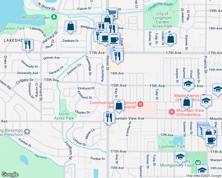 map of restaurants, bars, coffee shops, grocery stores, and more near 1446 Hover Street in Longmont