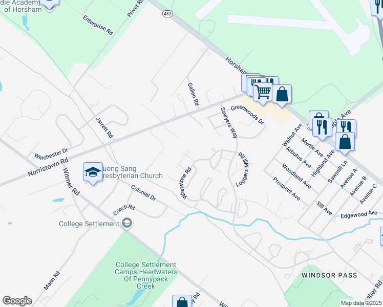 map of restaurants, bars, coffee shops, grocery stores, and more near 64 Woodbine Court in Horsham