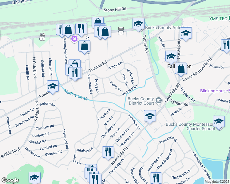 map of restaurants, bars, coffee shops, grocery stores, and more near 43 Vermont Lane in Levittown