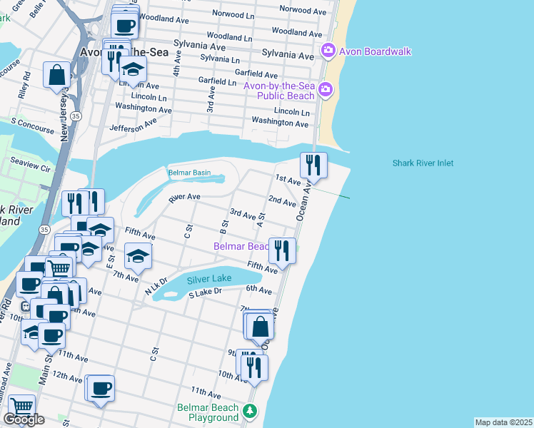 map of restaurants, bars, coffee shops, grocery stores, and more near 12 A Street in Belmar