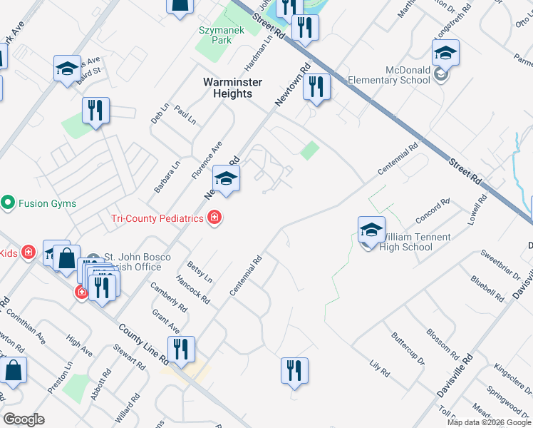 map of restaurants, bars, coffee shops, grocery stores, and more near 333 Newtown Road in Warminster