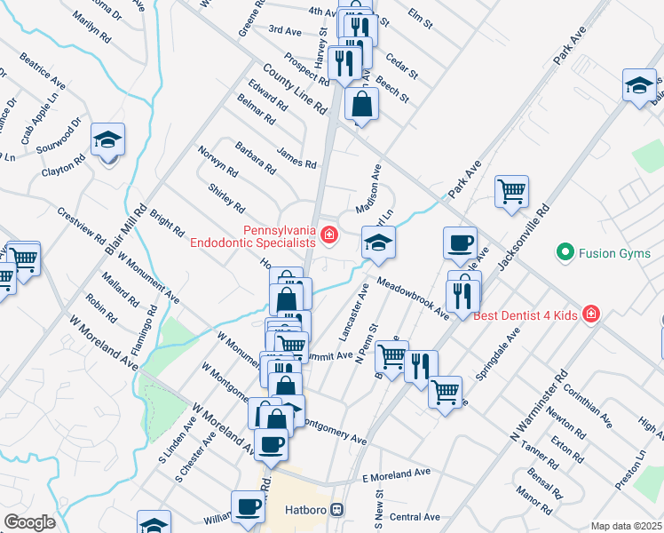 map of restaurants, bars, coffee shops, grocery stores, and more near 26 Kings Court in Hatboro