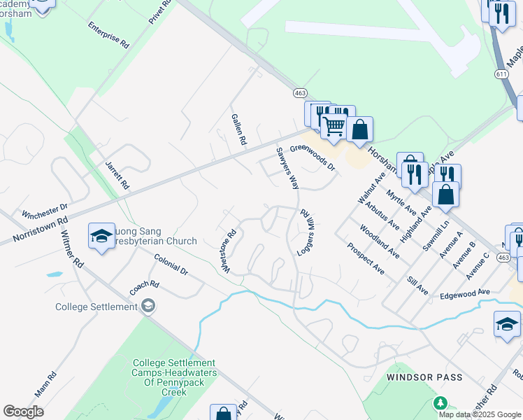map of restaurants, bars, coffee shops, grocery stores, and more near 90 Whetstone Road in Horsham