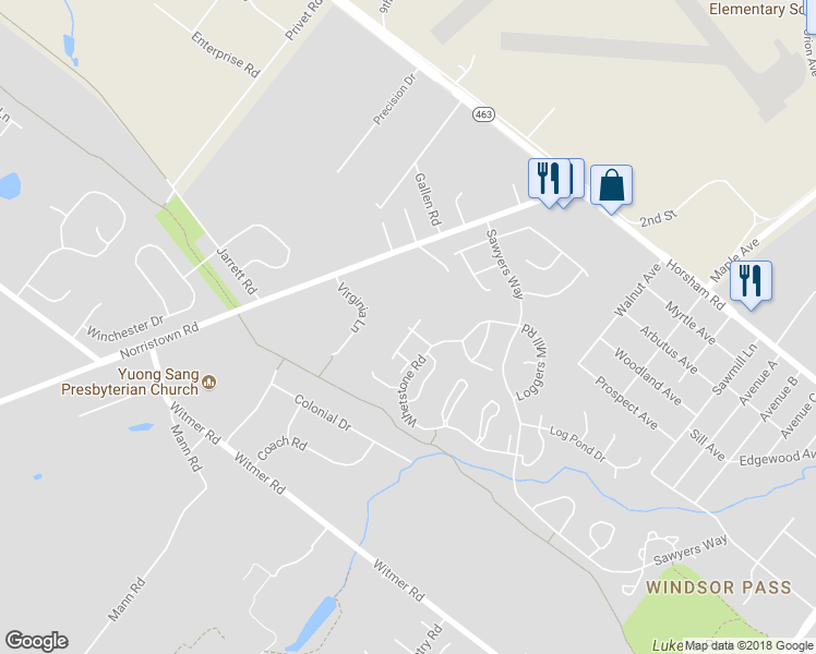 map of restaurants, bars, coffee shops, grocery stores, and more near 11 Woodbine Court in Horsham