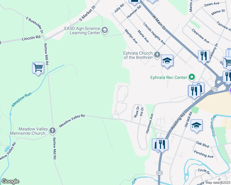 map of restaurants, bars, coffee shops, grocery stores, and more near 244 Fieldcrest Lane in Ephrata
