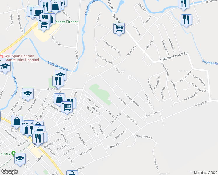 map of restaurants, bars, coffee shops, grocery stores, and more near 83 Irene Avenue in Ephrata