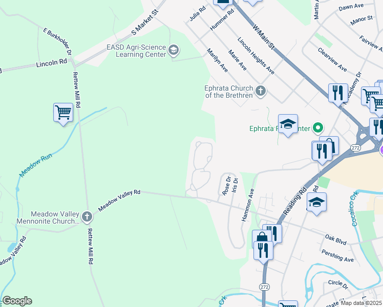 map of restaurants, bars, coffee shops, grocery stores, and more near 244 Fieldcrest Lane in Ephrata