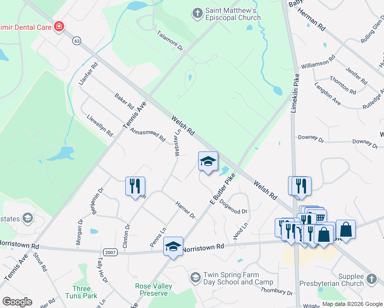 map of restaurants, bars, coffee shops, grocery stores, and more near 1828 Webster Lane in Ambler