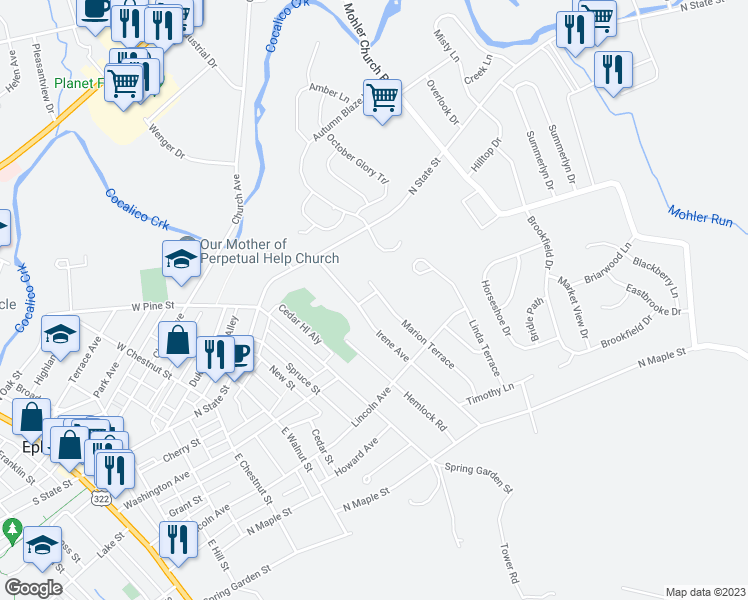 map of restaurants, bars, coffee shops, grocery stores, and more near 101 Marion Terrace in Ephrata