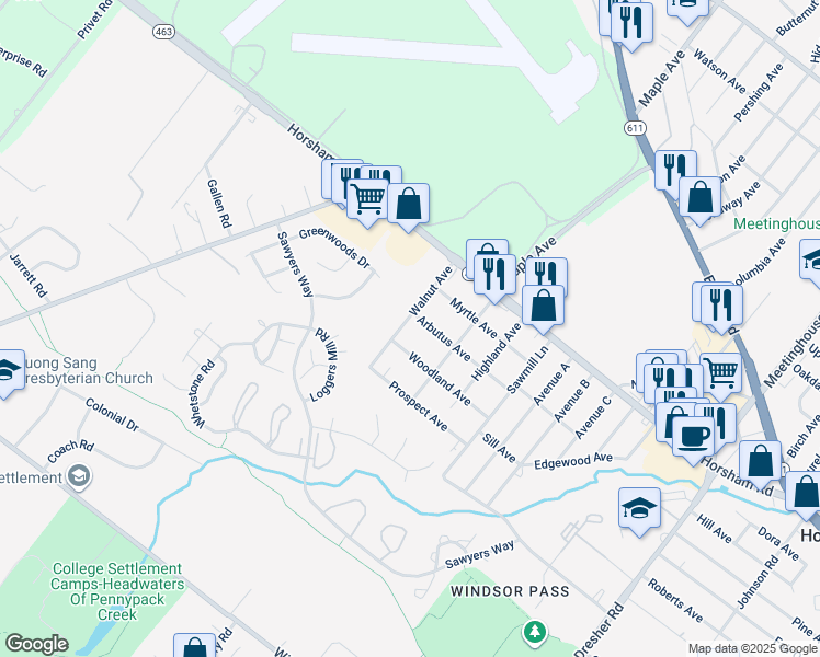 map of restaurants, bars, coffee shops, grocery stores, and more near 417 Walnut Avenue in Horsham