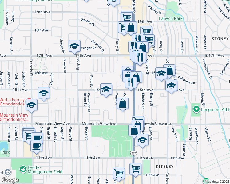map of restaurants, bars, coffee shops, grocery stores, and more near 721 15th Avenue in Longmont