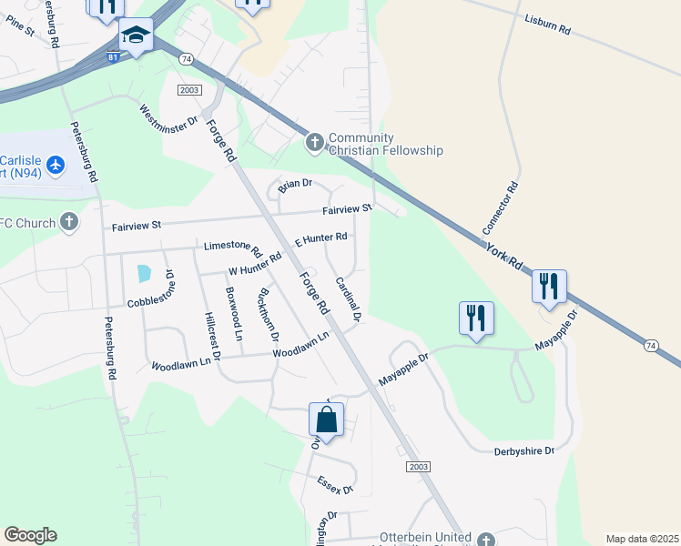 map of restaurants, bars, coffee shops, grocery stores, and more near 42 Cardinal Drive in Carlisle