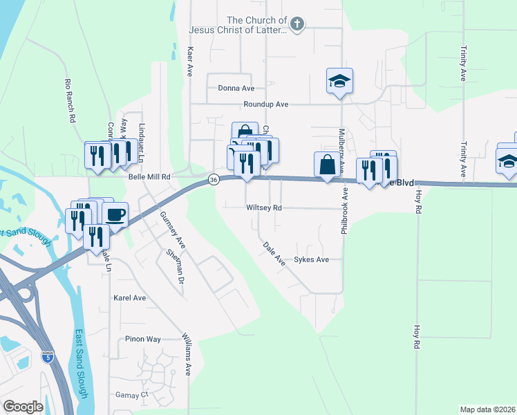 map of restaurants, bars, coffee shops, grocery stores, and more near 494 Wiltsey Road in Red Bluff