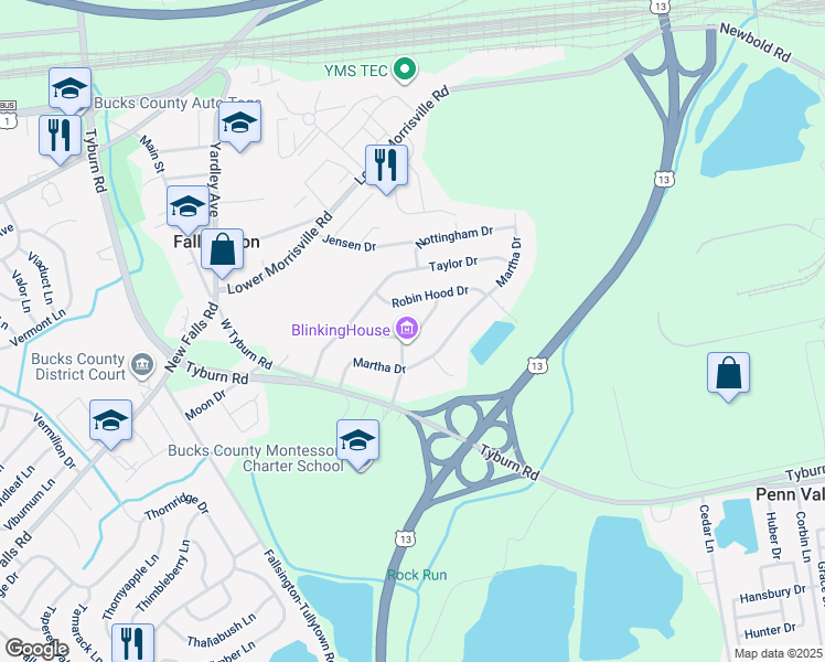 map of restaurants, bars, coffee shops, grocery stores, and more near 57 Sherwood Drive in Levittown