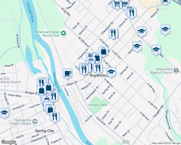 map of restaurants, bars, coffee shops, grocery stores, and more near 327 Main Street in Royersford